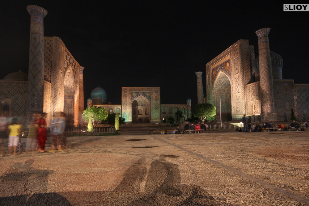Samarkand's Registan at night.